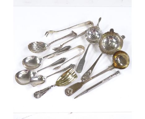Various silver flatware, including ladle, tea strainer, caddy spoons etc, 9.2oz total 