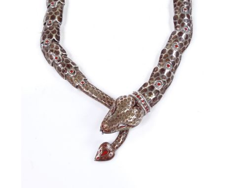 A 1950s Mexican sterling silver and enamel serpent/snake necklace, by Margot de Taxco, with brown enamelled scale body, lengt