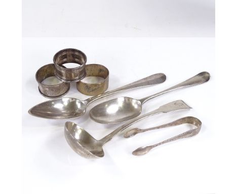 Various silverware, including Irish Georgian silver ladle, George II serving spoon, hallmarks London 1756 etc, 7.9oz total 