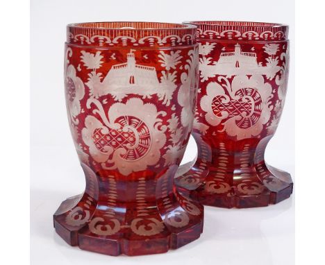 A pair of 19th century Bohemian ruby overlay glass goblets, with engraved decoration, height 12.5cm 