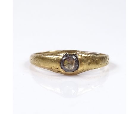 An Antique unmarked gold rose-cut solitaire diamond ring, possibly 15th/16th century, setting height 5.7mm, size K, 1.3g 