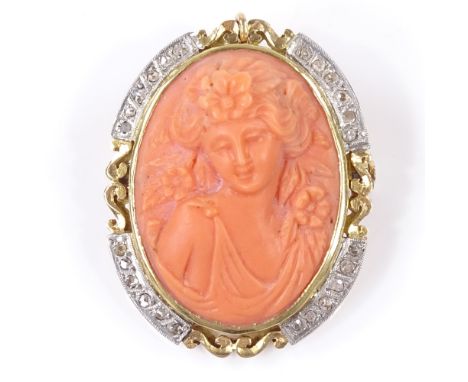 A relief carved coral cameo pendant/brooch, depicting female portrait, in unmarked gold frame, with rose-cut diamond border, 