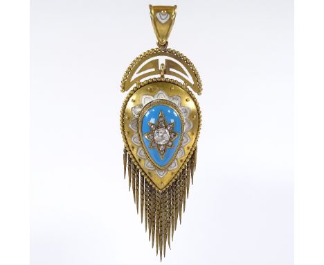 A Victorian diamond and enamel pear-shaped pendant, unmarked yellow metal settings with beaded edge, white enamel petal surro