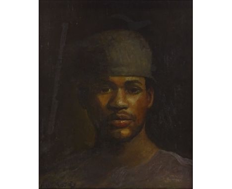Mark Metcalf, oil on board, portrait of a man, inscribed verso with date 1985, 10" x 8.5", framed 