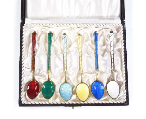 A set of 6 Danish sterling silver-gilt and coloured enamel coffee spoons, with enamelled bowls, stamped ELA 