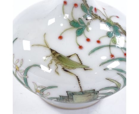 A Chinese white glaze porcelain narrow-necked vase, with painted enamel cricket and flowers, height 15cm 