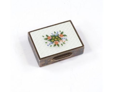 An Italian silver and enamel pillbox, with engine turned floral decoration to lid and gilded interior, length 4cm 