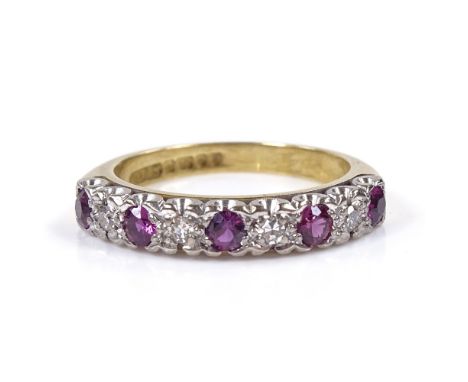 An 18ct gold ruby and diamond half-hoop ring, setting height 3.6mm, size M, 4g 