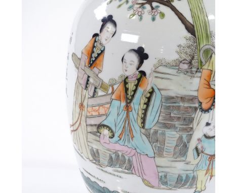 A Chinese white glaze porcelain vase with painted enamel figures and text, height 38cm 