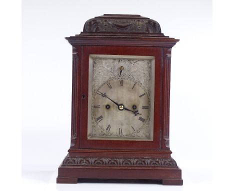 An Edwardian mahogany-cased bracket clock, carved case with engraved silvered dial, retailed by Jay's of Oxford Street, 8-day