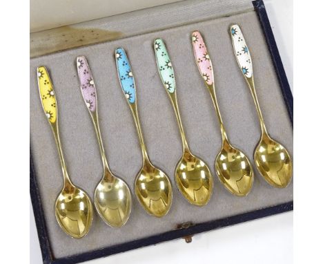 A set of 6 Danish sterling silver-gilt and coloured enamel coffee spoons, by Frigast 