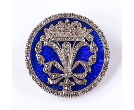 An Antique unmarked gold diamond and blue enamel circular brooch, depicting spray of flowers and ribbon, diameter 24.2mm, 8.6