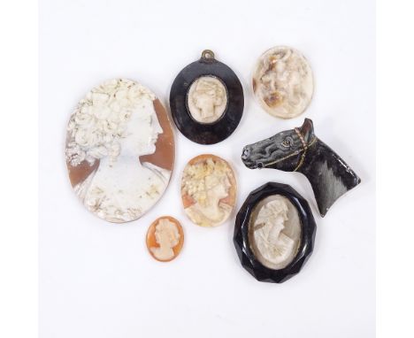 A group of relief carved cameo panels, and a painted enamel horse head brooch (7) 