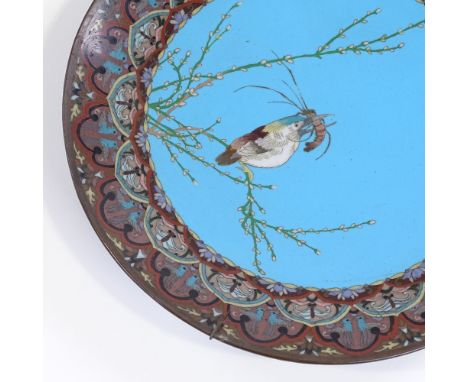 A pair of Japanese cloisonne enamel plates decorated with birds and their catch, diameter 30cm 