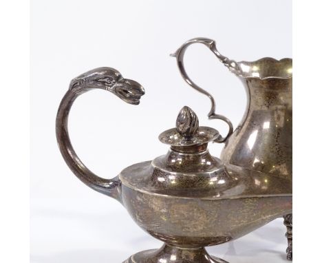 A silver Aladdin style oil lamp, by James Deakin &amp; Sons, hallmarks Birmingham 1901, length 15cm, together with a silver b
