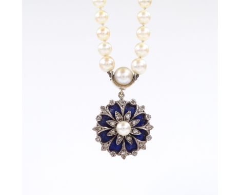 A 9ct gold pearl diamond and blue enamel circular floral design pendant, on a graduated pearl chain, with a 9ct clasp, pendan