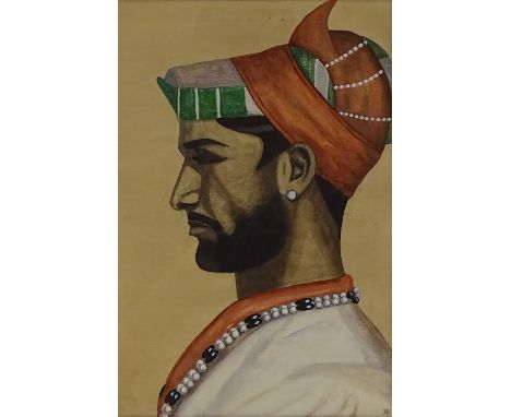 Gouache on paper, portrait of an Indian man, signed with monogram, 12" x 8", framed 