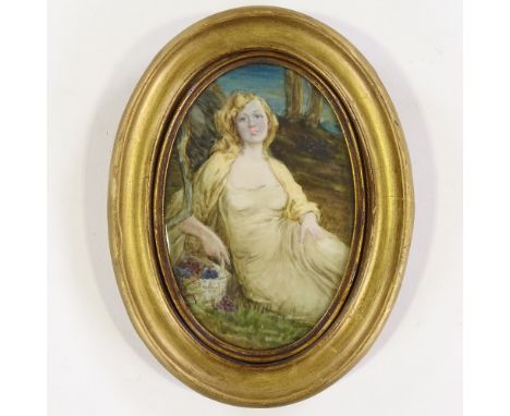 Miniature watercolour, portrait of a woman in woodland, indistinctly signed, 5.5" x 3.5", framed 