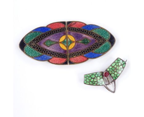 An Art Nouveau sterling silver enamel and red stone stylised brooch, together with an Art Deco enamelled belt buckle, overall