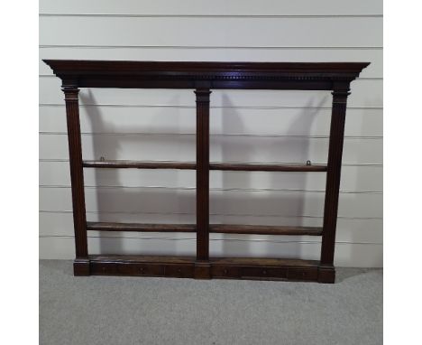 An 18th century oak wall hanging Delft rack, with small spice drawer fitted base, pediment width 6'7", height 4'10" 