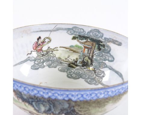 A Chinese fine porcelain bowl with painted enamel figures in a boat and text, diameter 14cm 