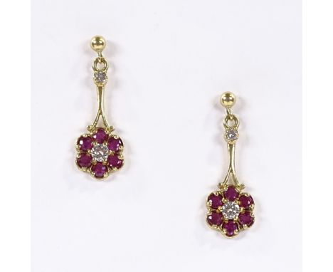 A pair of 18ct gold ruby and diamond cluster flowerhead drop earrings, with stud fittings, drop height 21.9mm, 3.1g total 