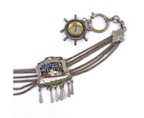 A silver plate and coloured enamel multi-chain watch fob, depicting a steam ship, with a silver-mounted ship's wheel compass 
