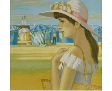 French School, lithograph, girl on the beach, indistinctly signed in pencil, artist's proof, image 19" x 26", framed 