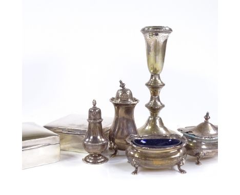 Various silverware, including cigarette boxes, cruets, and a candlestick, 6.9oz weighable (7) 