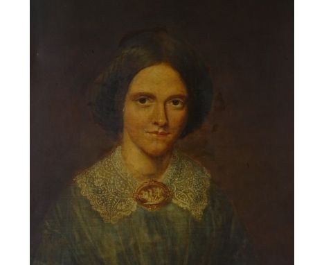 19th century oil on canvas, half length portrait of a woman with a lace collar and cameo, unsigned, 30" x 25", framed 