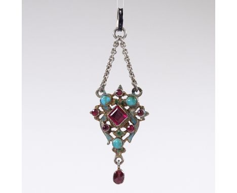 An Austro-Hungarian silver ruby turquoise and enamel lavaliere pendant, with stylised openwork setting and coloured enamel ba