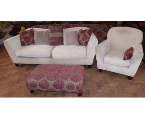 Modern cream settee, matching easy chair and matching pouffe. Condition report: see terms and conditions