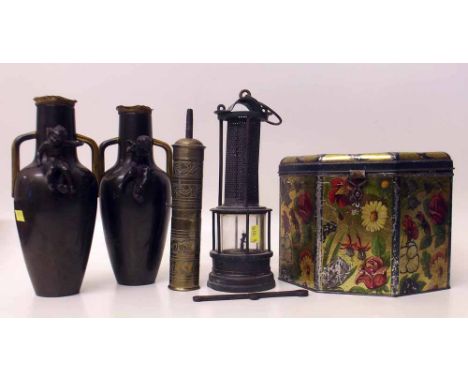 Spice grinder, early Davey lamp, tin, pair of vases. Condition report: see terms and conditions