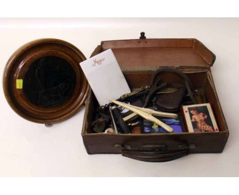 Small suitcase of mixed collectors items including a framed death plaque, soverign scales. Condition report: see terms and co