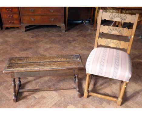 Oak ladder-back dining chair and oak duet stool. Condition report: see terms and conditions