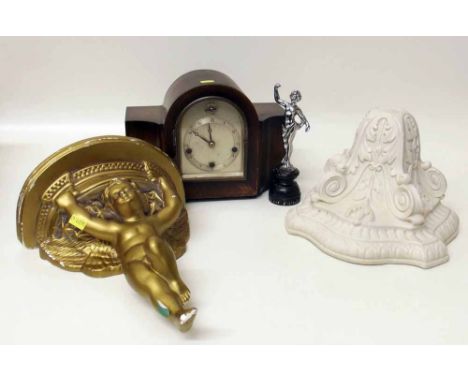 Gilt wall bracket, Parian ditto, 8-day oak cased mantel clock and chrome plated robed figureen on plinth. Condition report: s