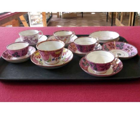 Quantity of pink lustre cups and saucers and a teabowl Condition report: see terms and conditions