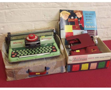 Mettoy Supertype tin plate typewriter with box and Vulcan "Senior Model" childs sewing machine with box. Condition report: se
