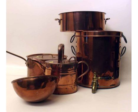 Copper cistern, watering can, two pans and a ladle marked D.J. Piggin, Nantwich. Condition report: see terms and conditions