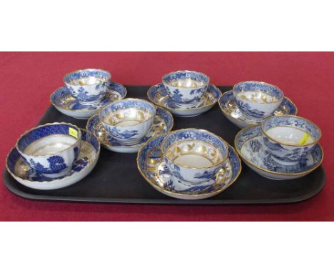 Newhall trench morter tea bowl and saucer together with six other blue transfer tea bowls and saucers. Condition report: see 