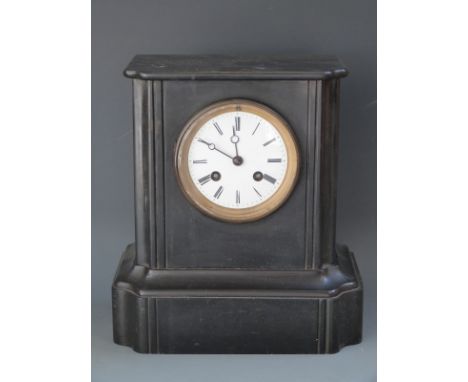 S Marti 19thC French slate mantel clock in corniche-style case, the white enamel Roman dial with Breguet-style hands, the two