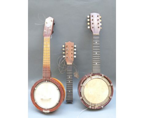 John Grey and Sons, London ukelele banjo, c1930s, with 4 strings and open back, together with one other 8 string example and 