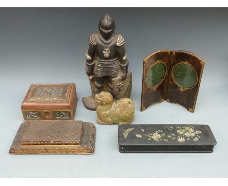 A 19thC straw work box, tooled leather double photograph frame, continental leather box with copper panels in relief of a cla
