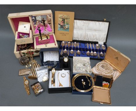 A collection of costume jewellery including watches, brooches, crystal necklace, Ronson lighter, Art Deco compact, silver pla