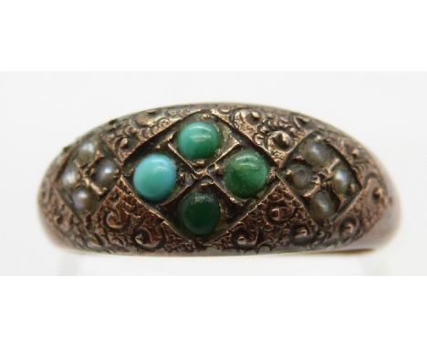 A 9ct gold Edwardian ring with engraved design set with turquoise and seed pearls, Birmingham 1902, size K, 1.8g 