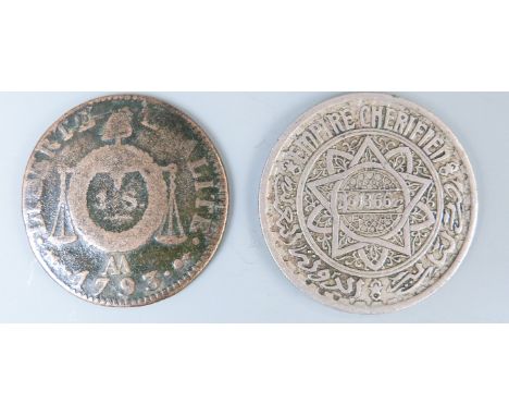 French Republic 1793 revolution 1 sol coin, obverse sun over plaque, 'All men are equal in law' reverse Phygian cap over wrea