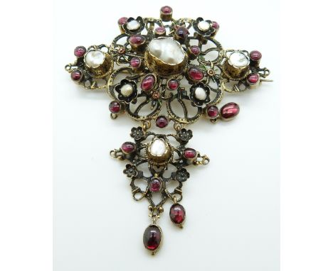 Austro-Hungarian silver gilt brooch/ pendant set with garnet cabochons, pearls and black enamel 