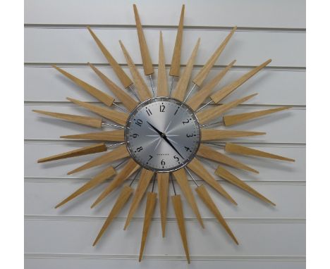 Newgate 1950's style 'sunburst' wall clock with Arabic numerals on brushed aluminium dial, beechwood finish, 68cm diameter
