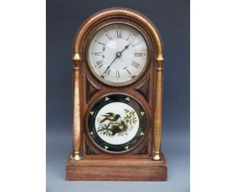 Seth Thomas circa mid to late 19thC 8-day American shelf clock in arched case with gilt pillar decoration and painted Roman d