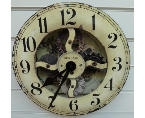 Newgate quartz caseless wall clock with faux visible escapement, Liverpool to wheels, Roman numerals on 38cm enamelled dial
